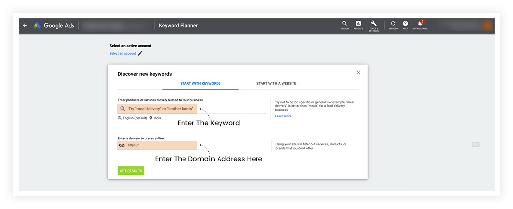 A screenshot showing the steps for Keyword planner in your Google Ads account.