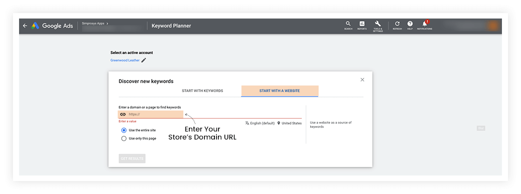 A screenshot showing the option to enter the domain for generating a report on the keyword performance.