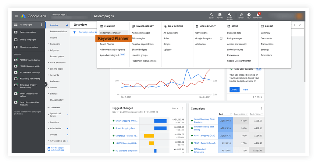 The keyword planner option in your Google Ads account