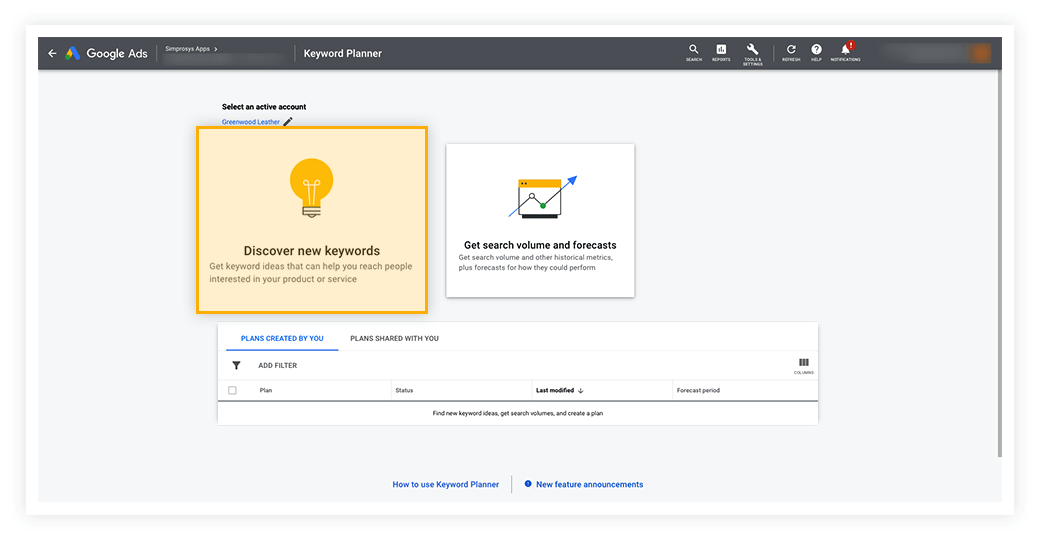 A screenshot showing the Discover new keywords option in your Google Ads account