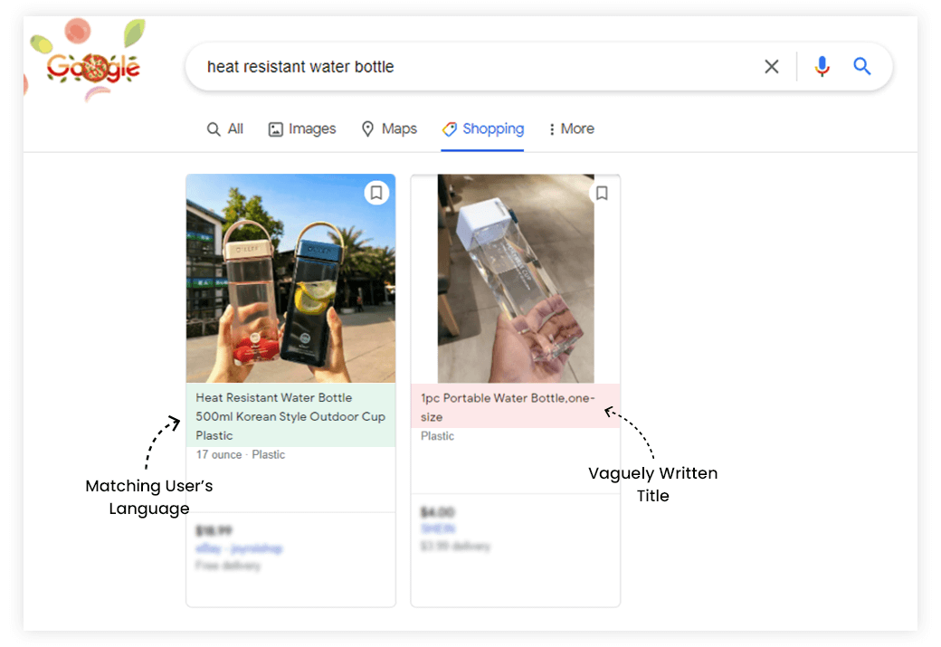 Google Ads shopping results showing two products titles among which one is detailed and the other is vaguely written