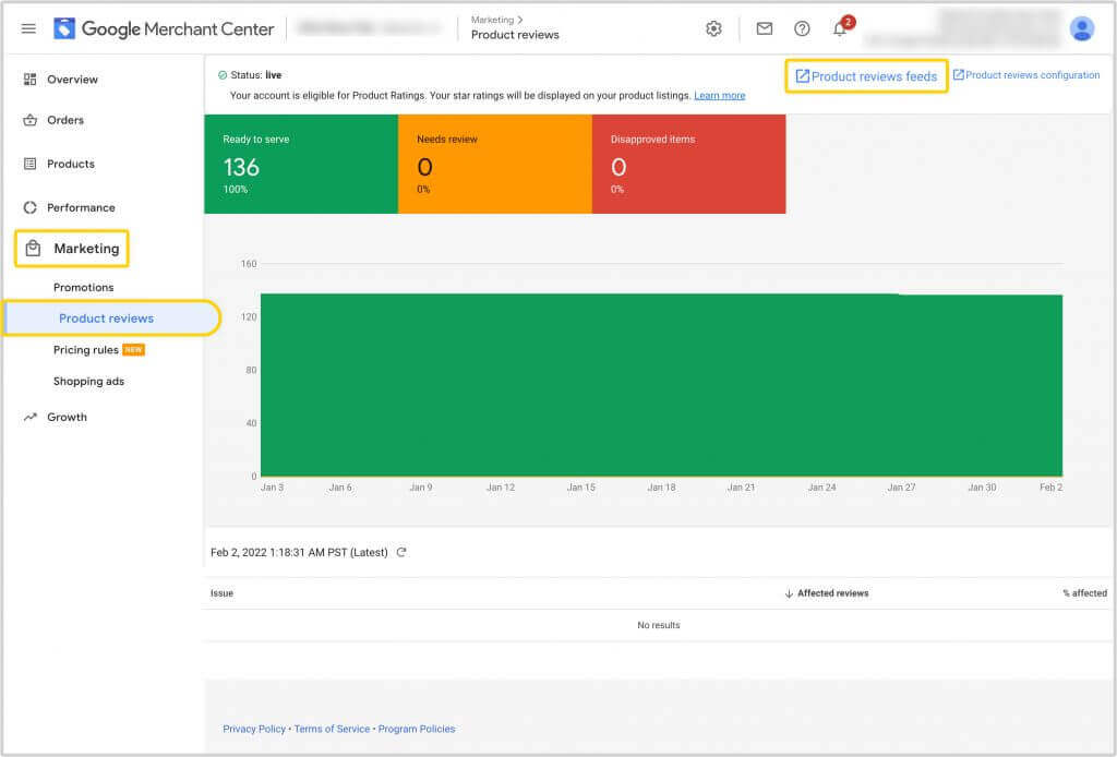 A screenshot of the Google Merchant Center showing Product Reviews option and the product reviews feed option.