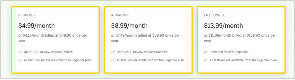 A screenshot showing the price plans for our Proviews app.