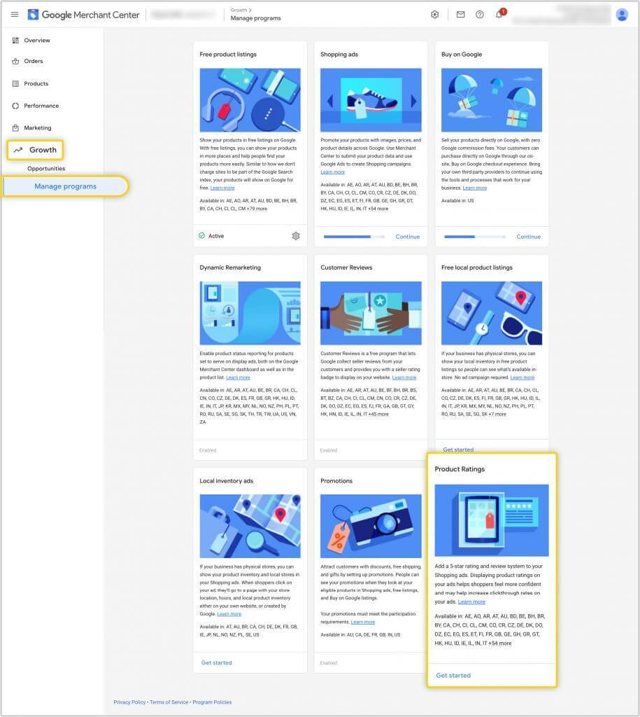 The product ratings program in your Google Merchant Center