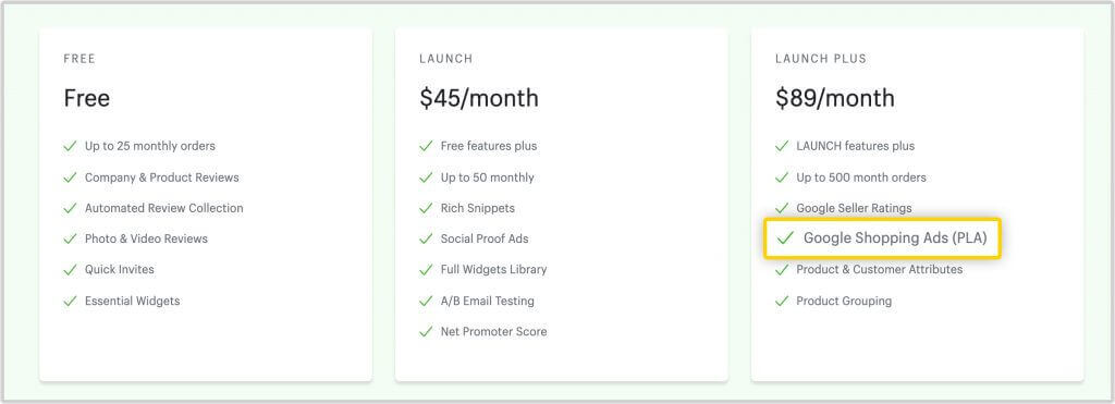 A screenshot showing the price plans for the reviews.io product reviews app