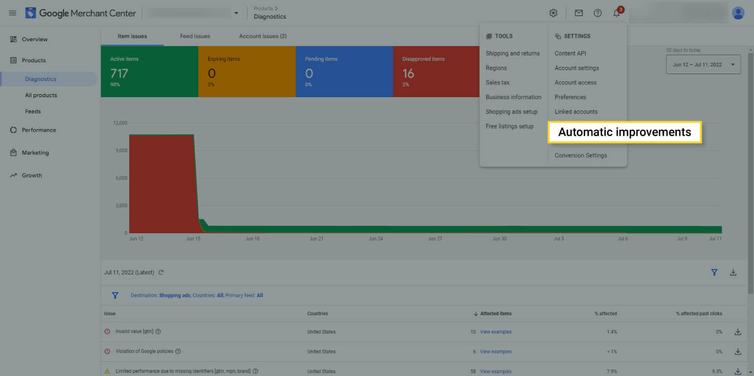 A screengrab showing the automatic improvements option in your Google Merchant Center
