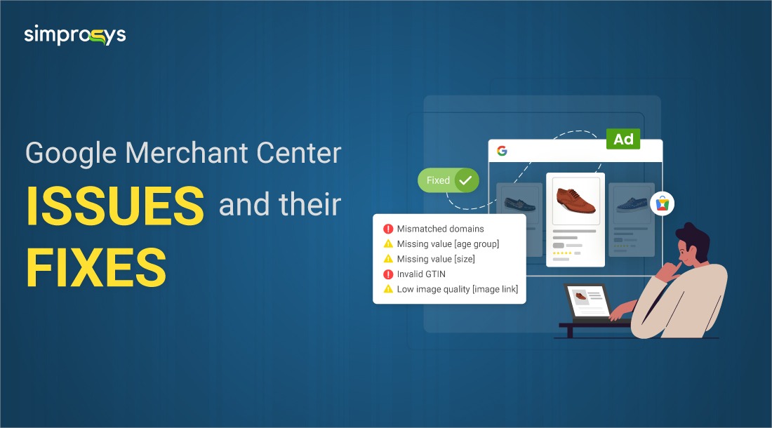 An image showing a merchant working on a laptop, comes across google merchant center issues and is wondering how to fix them