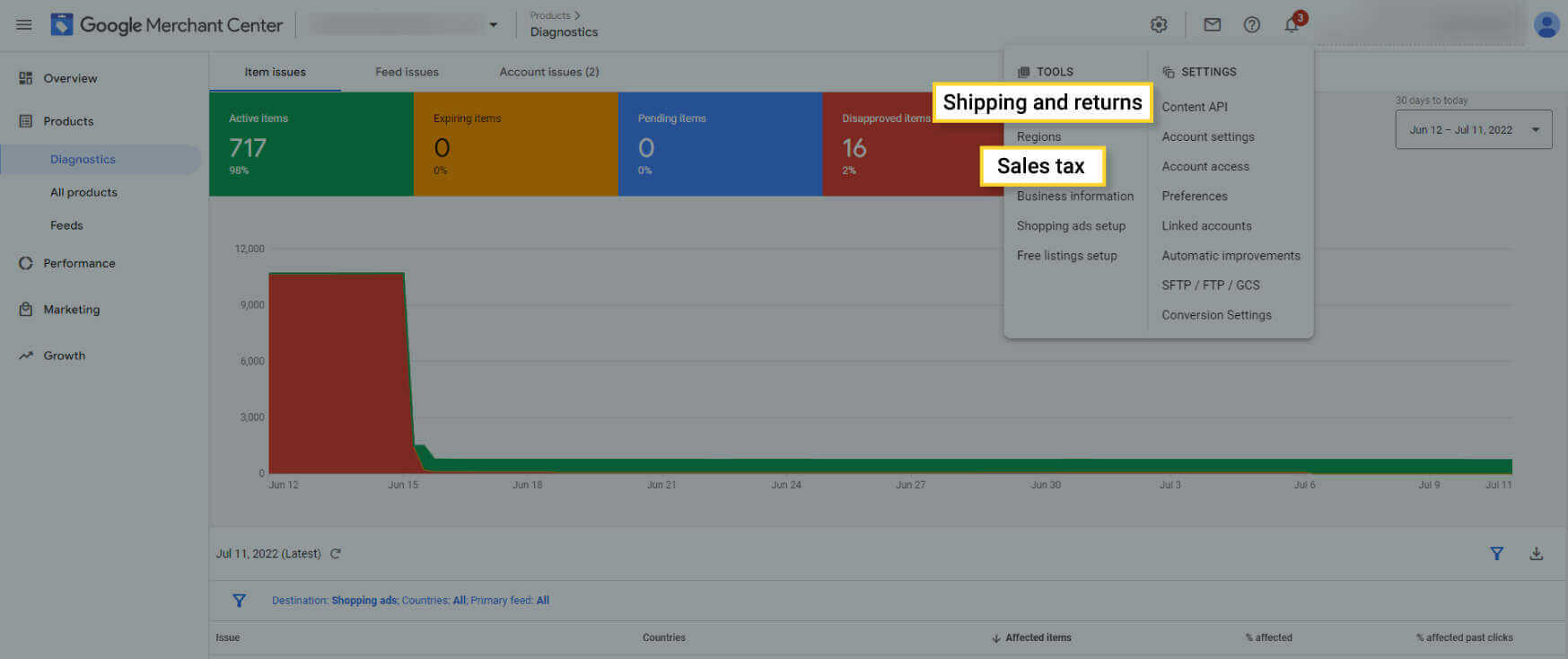 Screenshot of Google Merchant Center showing the shipping and tax options.