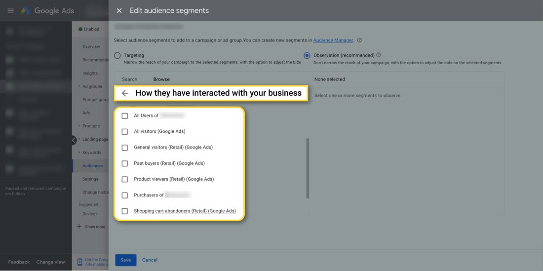 This image shows various options for audience targeting in a shopping campaign.