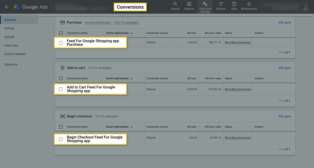 This image shows various conversion actions created to measure the campaign performance.