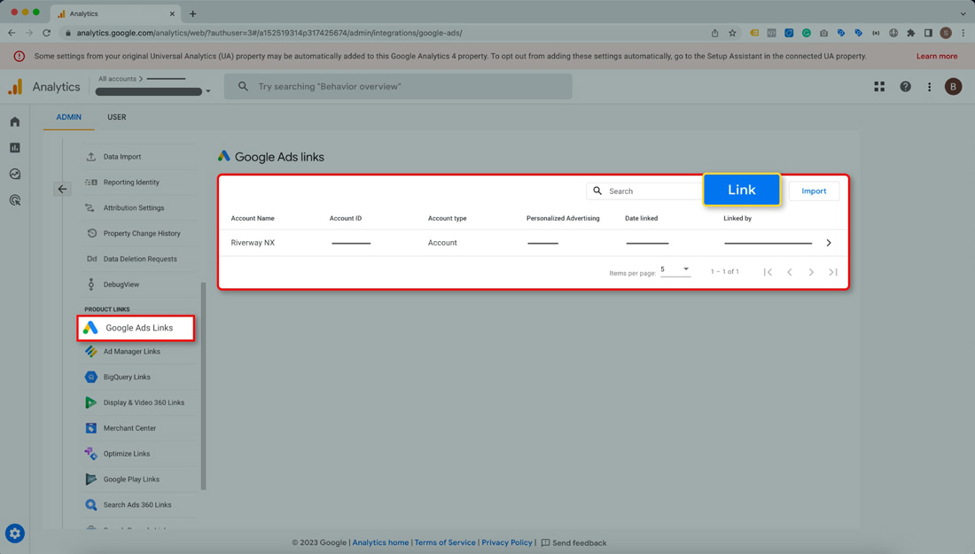 Screenshot of Google Analytics showing process of linking Google Ads.