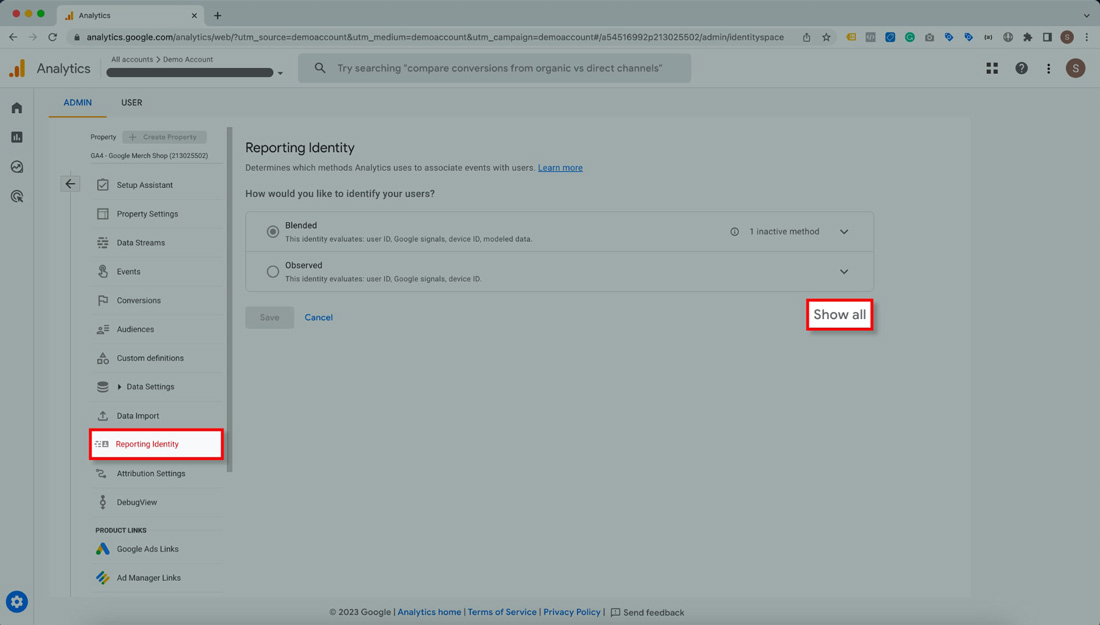 Google Analytics screen grab highlighting reporting identity in property tab 