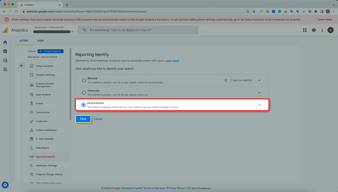 Google analytics screen grab highlighting devised-based option in Reporting identity options.