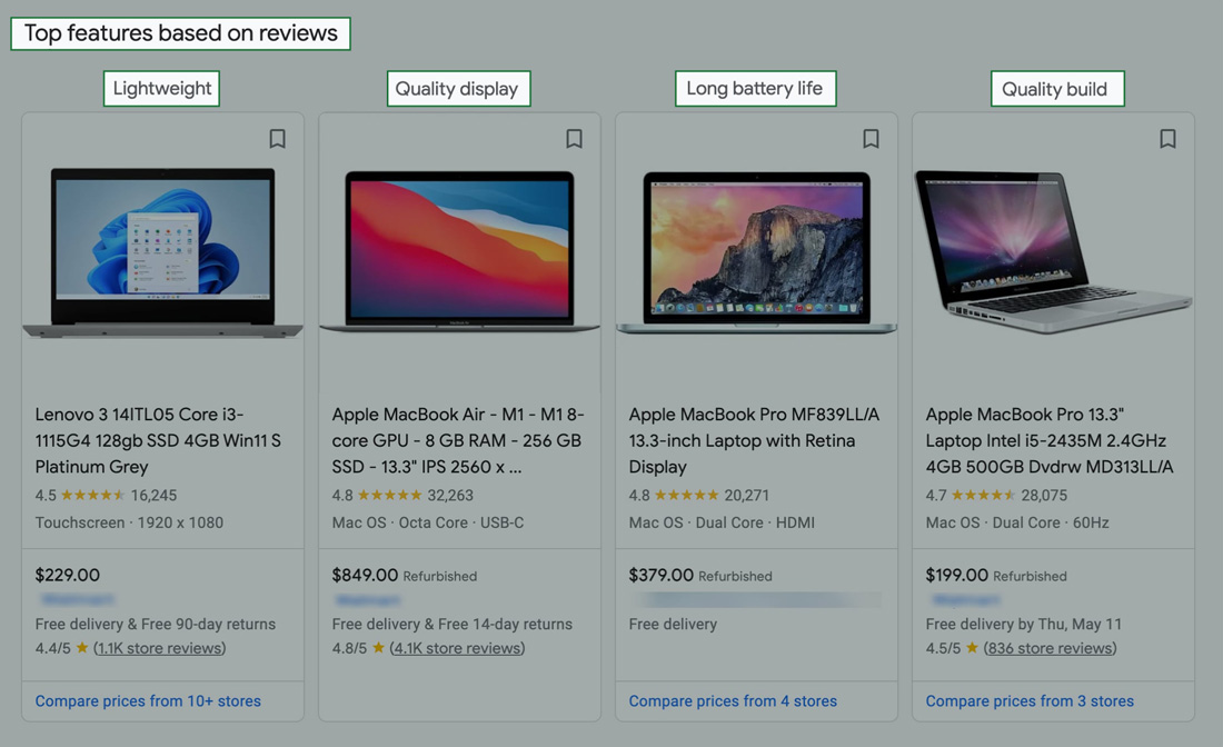 Google Shopping Results showing top features based on reviews.