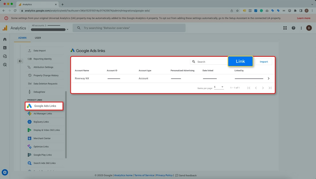 Screenshot of Google Analytics showing process of linking Google Ads.