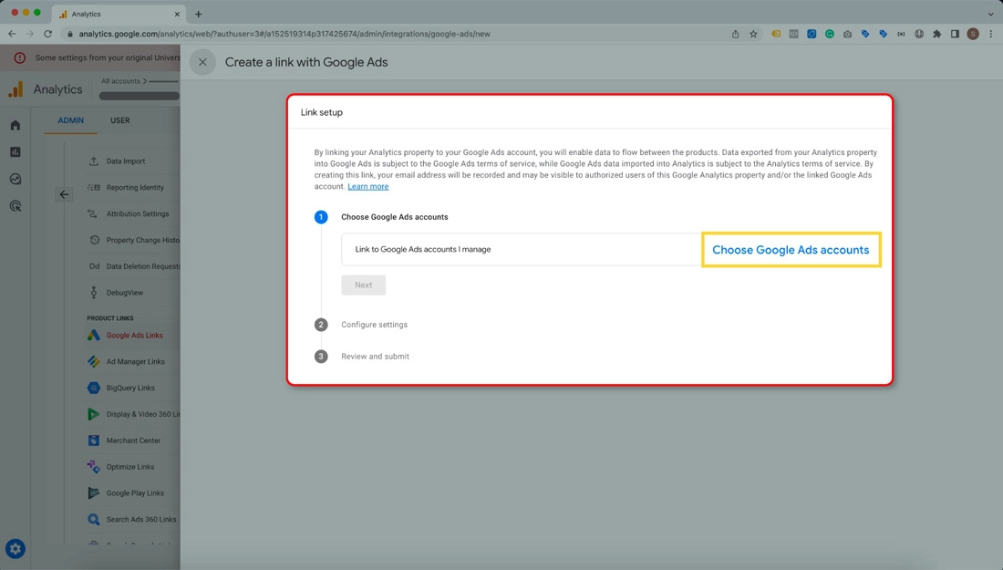Screenshot of Google Analytics showing the Link setup pop-up