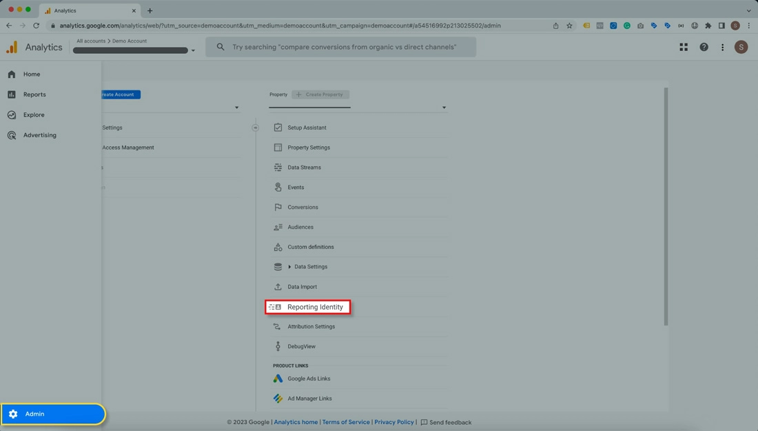 Google Analytics Dashboard highlighting Admin option and reporting identity.