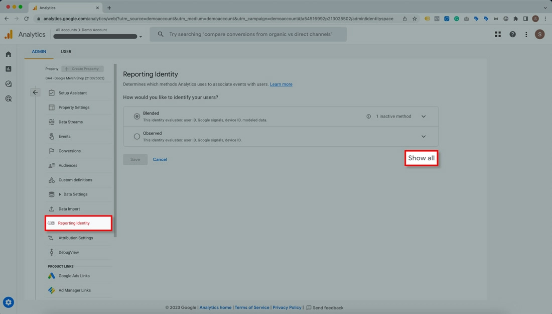 Google Analytics screen grab highlighting reporting identity in property tab.
