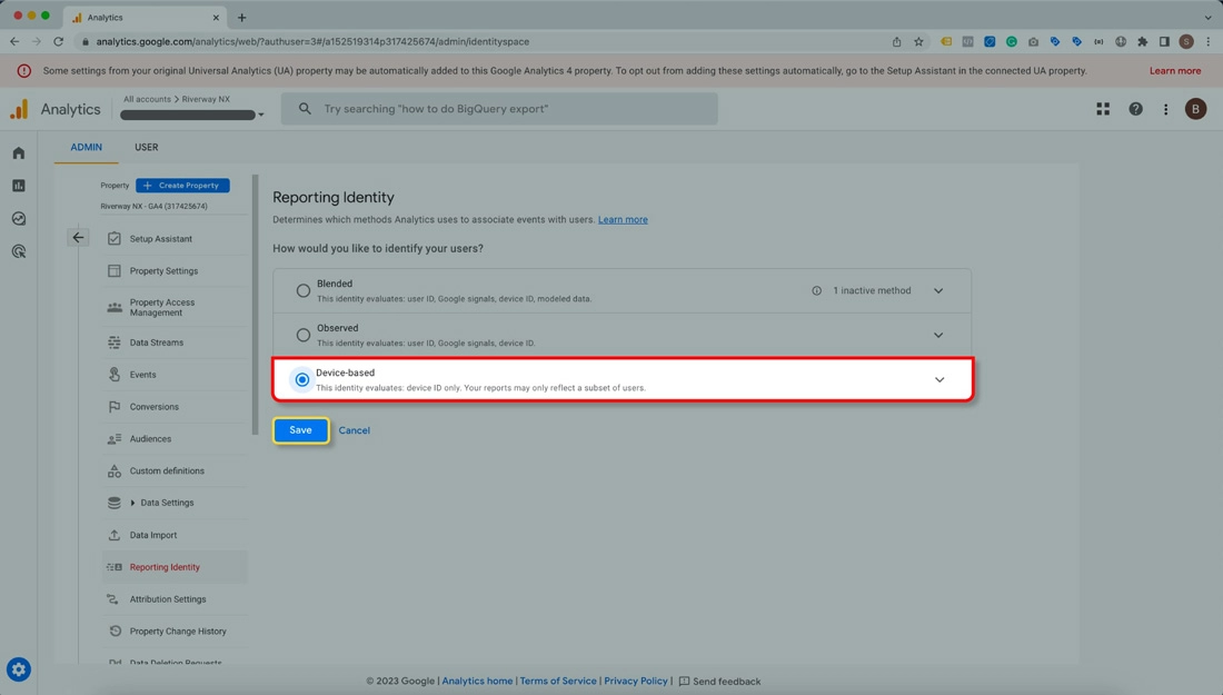 Google Analytics screen grab highlighting  device based option from the Reporting Identity popup.