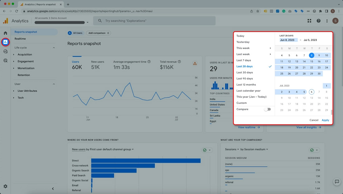 Google Analytics dashboard with a popup showing date range selection option in home page.