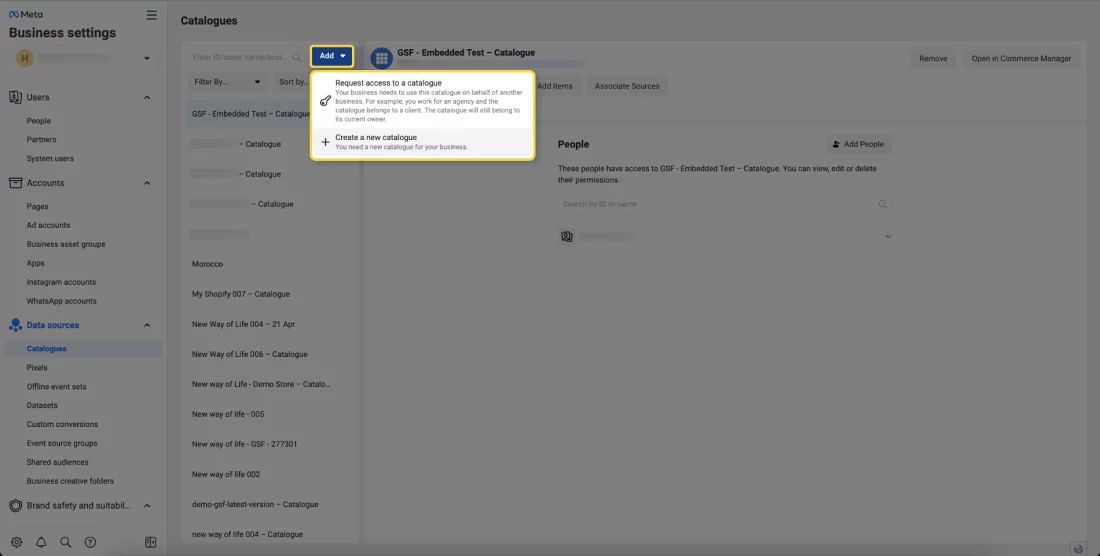 A screenshot from the Meta business Manager account showing the options to create or add a catalog.
