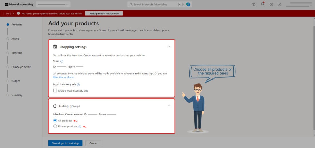 Select the required products for your Microsoft Performance Max Campaigns