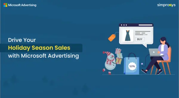 Microsoft Advertising holiday season sales strategies - illustration of e-commerce shopper with laptop, promotional discounts, and festive holiday shopping elements.