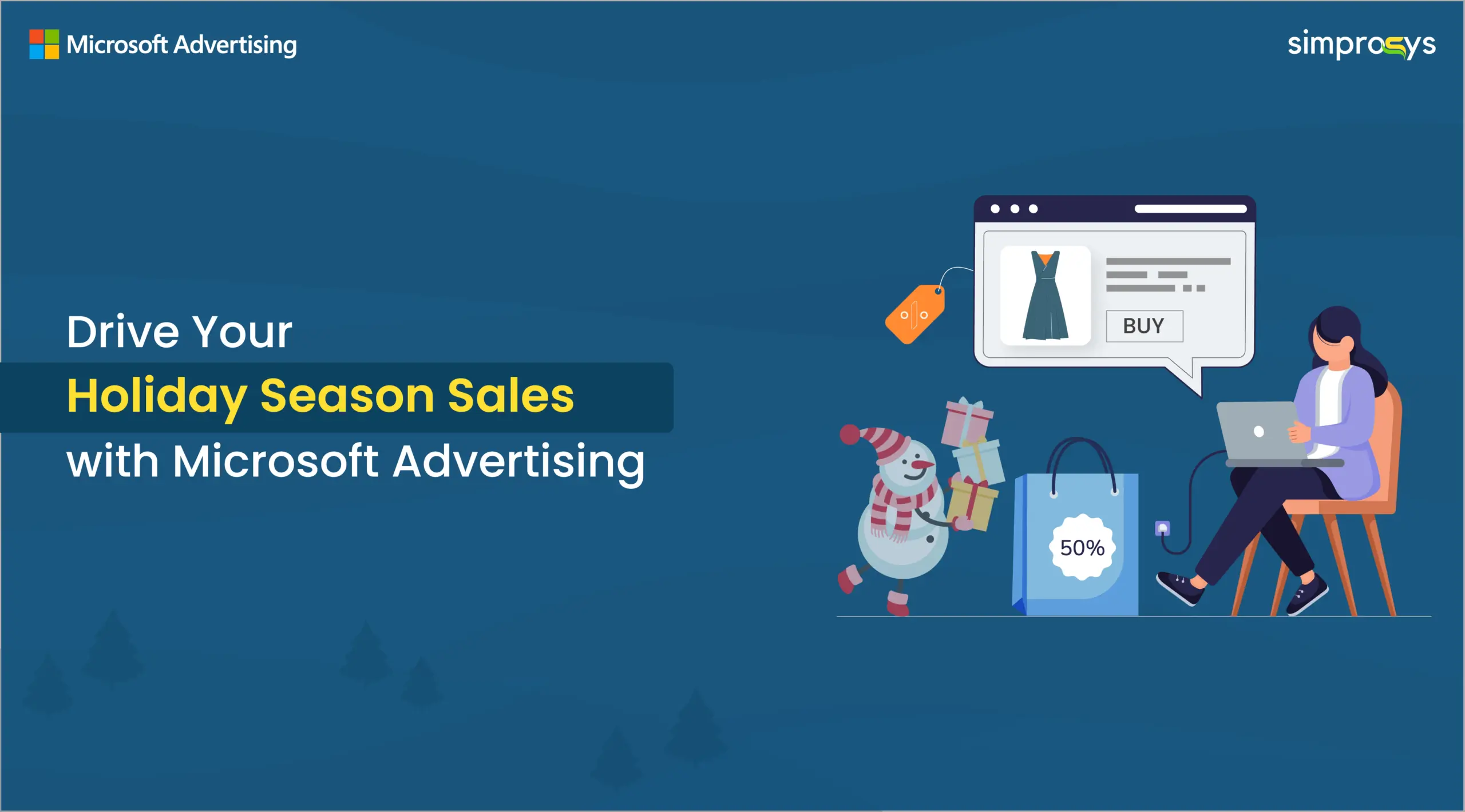 Microsoft Advertising holiday season sales strategies - illustration of e-commerce shopper with laptop, promotional discounts, and festive holiday shopping elements.