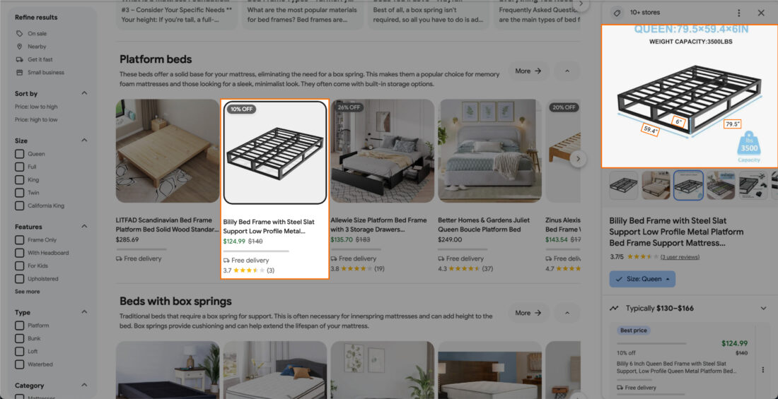 Image showing the product dimensions to appear for the relevant shopping filters