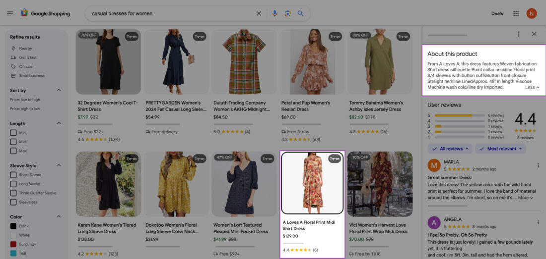 Shopping results highlighting the product description attribute