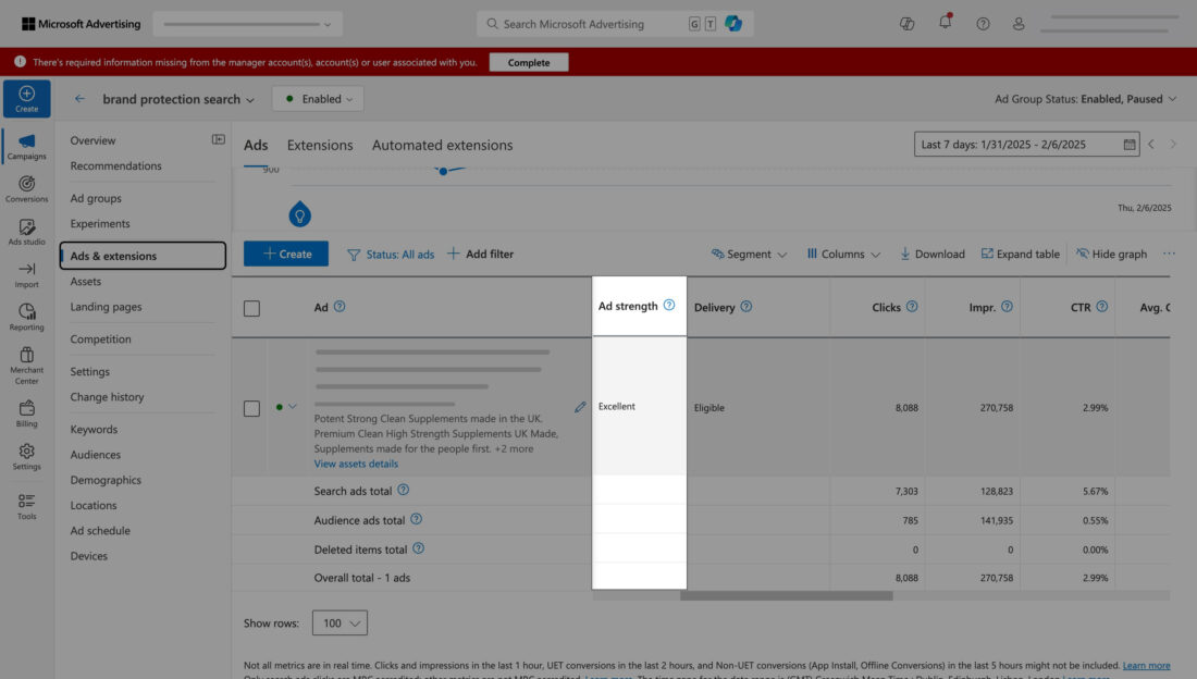 Ad strength indicator categorize your ad into Poor, Average, Good, or Excellent. It helps to improve your ad's performance by providing ad quality measure. 