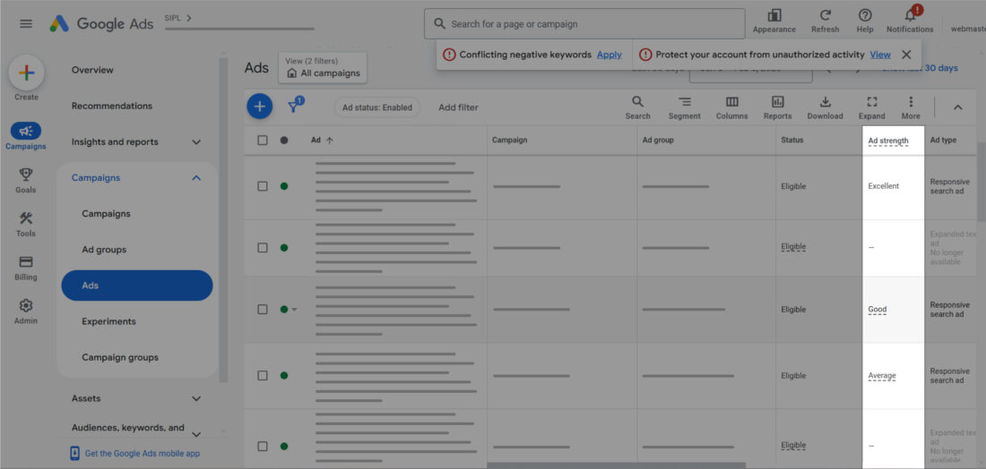 Ad Strength indication displays “Incomplete”, “Poor”, “Average”, “Good” to “Excellent,” measures the Ad relevance, quality, and diversity of your ad copy helps in Ad asset optimisation