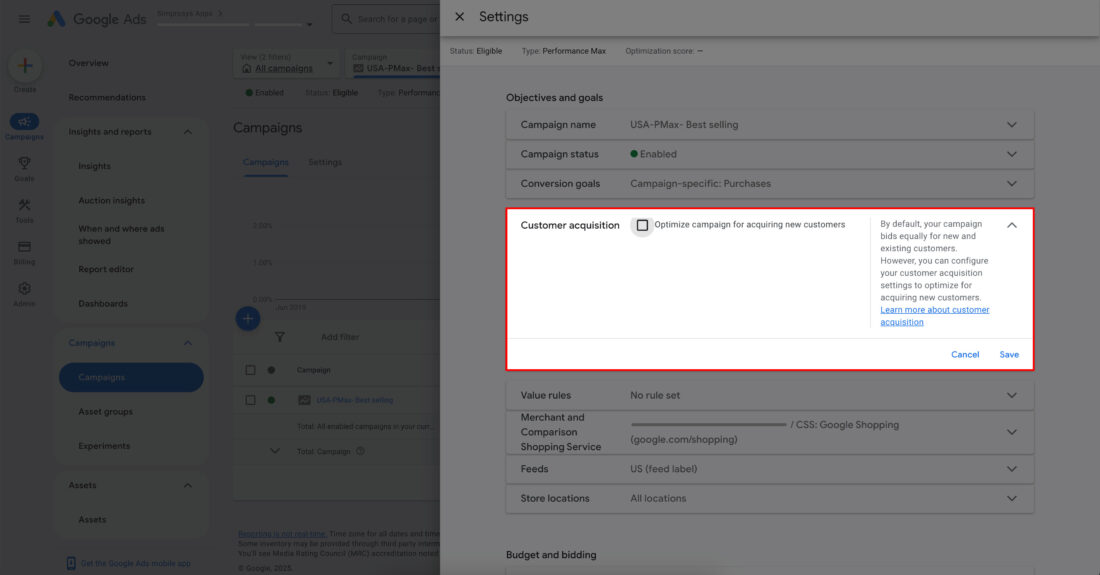 Customer Acquisition Goal - Google PMAX Update 2025