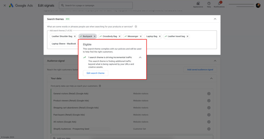 Search theme signals showing the improvements in google performance max campaigns.