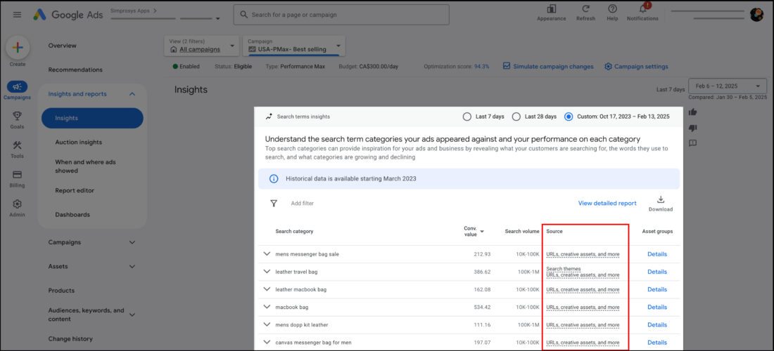 A google performance campaign update 2025 showing the insights for search themes.