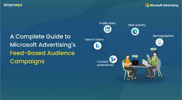This image is about Microsoft Advertising's Feed-based campaign which shows a girl working on a laptop and there are icons showing the placements where this campaign's ads will be served. It includes Edge, LinkedIn, Bing, MSN networks