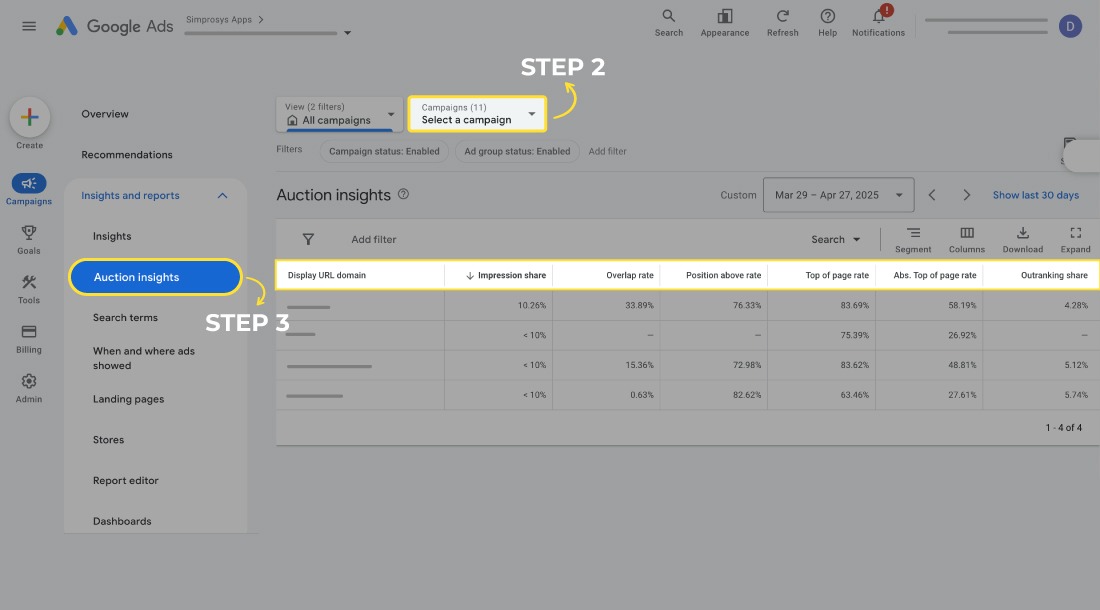 The Image displays the Step 2 and Step 3 that contains option of selecting the campaign and step 3 include auction insights.
