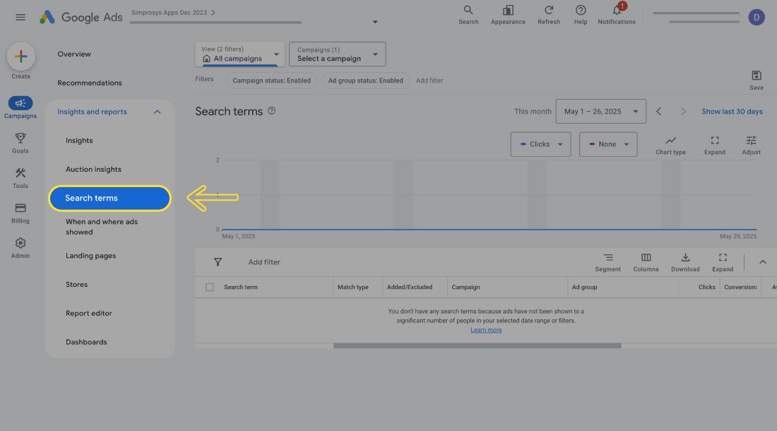 The Google ads interface that displays the search terms level navigation
