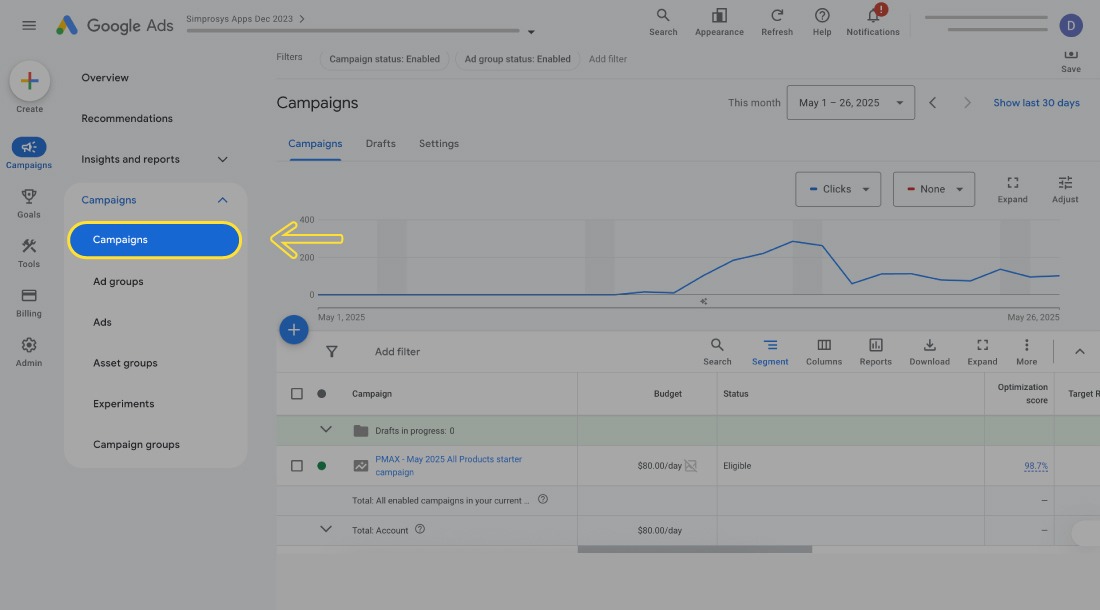 The image displays Google Ads interface display the navigation of the campaign button.