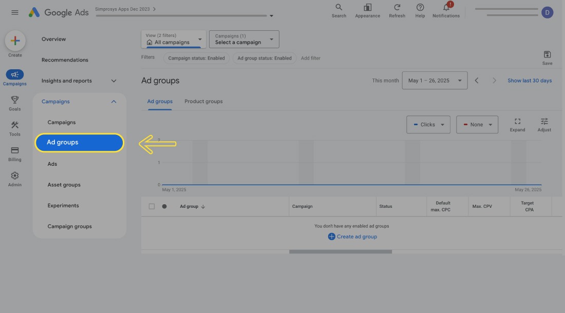 The image displays the Google Ads interface that display the Ad groups button navigation.