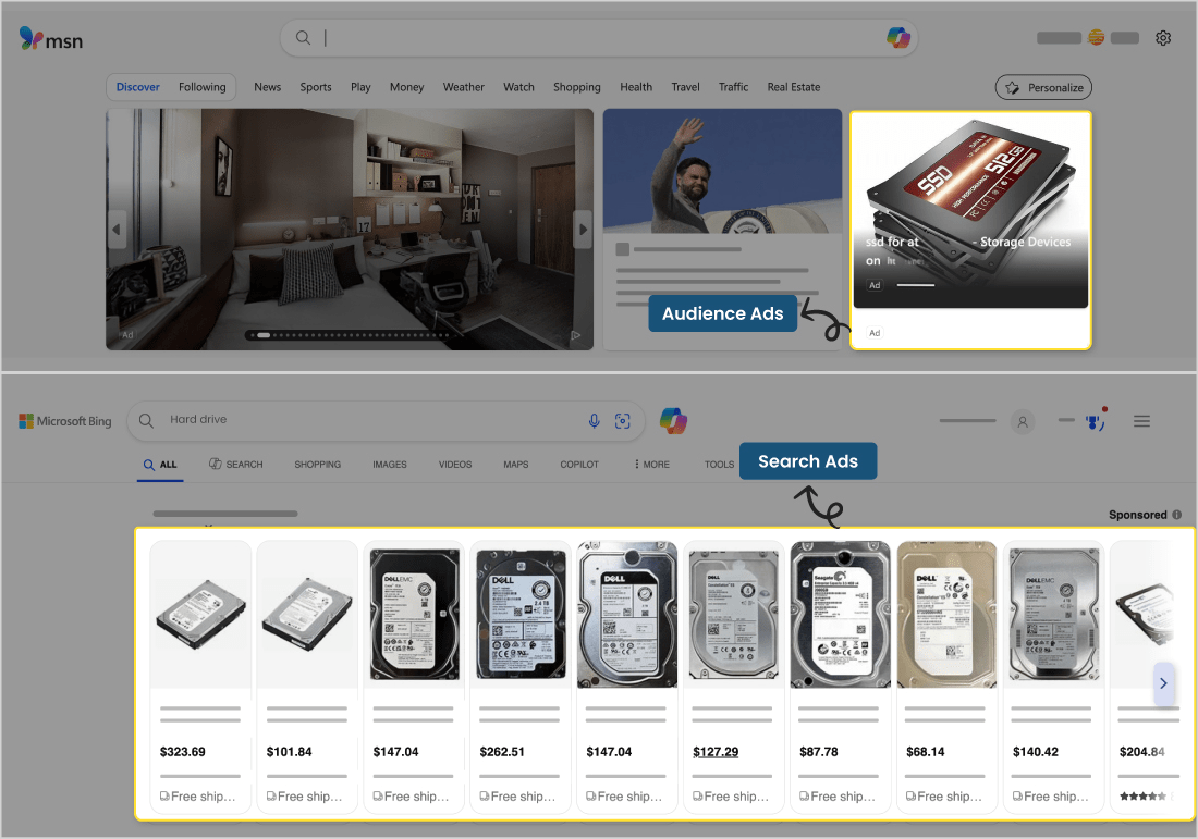 A screenshot showing two ad placements. The top one shows an ad on the MSN network which is audience ads and the below image shows the ad on Bing Search which are Search Ads