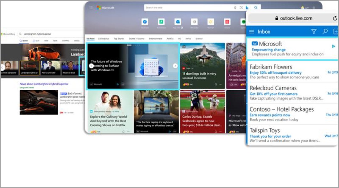 Image displays ads look like on different Microsoft apps. You can see ads in Outlook email, on MSN news website, and in the Edge web browser. Each example shows how the ads have product pictures, prices, and buttons to click on.