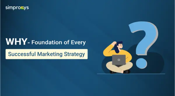 WHY foundation of successful marketing strategy illustration with person thinking at laptop and large question mark, emphasizing the importance of clear campaign purpose