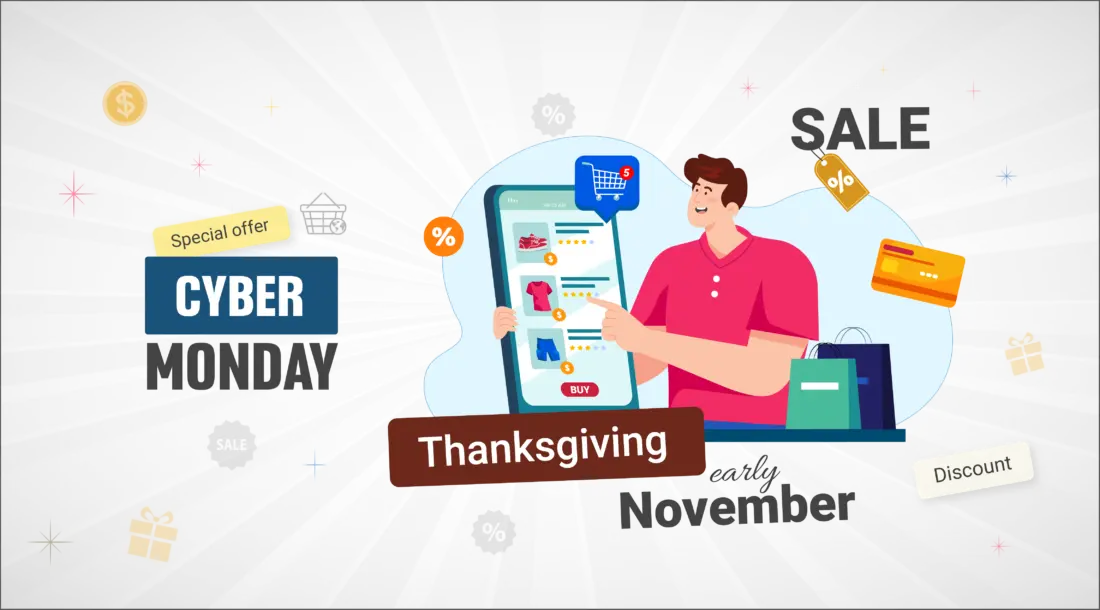 Illustration of a man shopping online for clothes during Cyber Monday and Thanksgiving sales in early November, featuring discount tags, shopping bags, and special offer banners